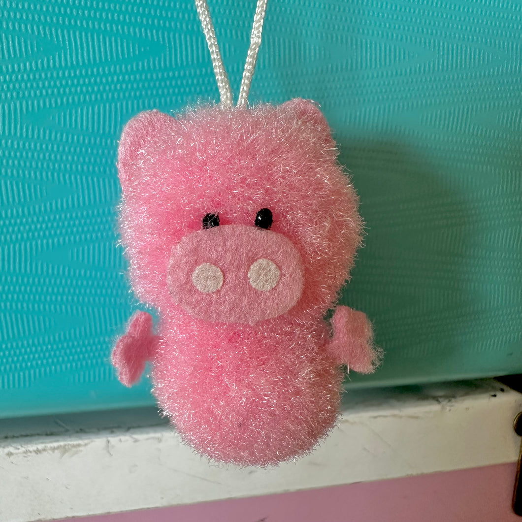 Vintage Japan Pom Pom Animal Mascot Charm - Pink Piggy