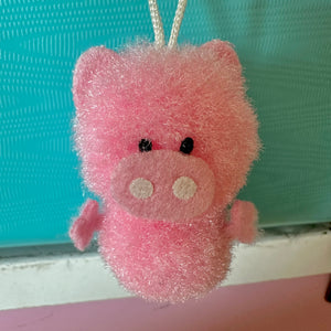 Vintage Japan Pom Pom Animal Mascot Charm - Pink Piggy