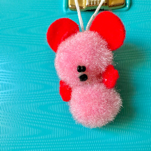 Vintage Japan Pom Pom Animal Mascot Charm - Pink Mouse